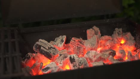 close up shot of charcoal burning out flames in a bbq grill.