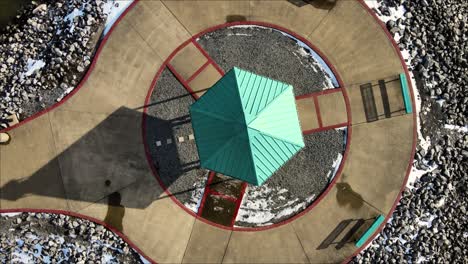 low top down shot of gazebo at the point of the jetti at lighthouse landing in grand rivers, kentucky