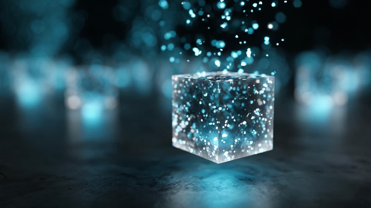 Vibrant luminous cubes with sparkling particles suspended in a dynamic, ethereal background create an enchanting visual experience of light and color