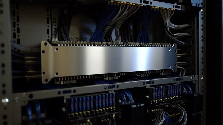 Close-up of Server Rack with Organized Wiring and Electronic Components
