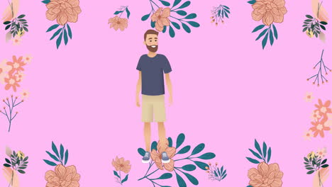 animación de la ilustración de un hombre sonriente con camiseta y pantalones cortos con flores sobre fondo rosa