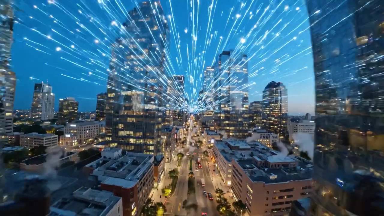 A breathtaking view of a bustling urban cityscape at twilight, showcasing gleaming skyscrapers with dynamic light trails and lively street activity beneath a vibrant sky.