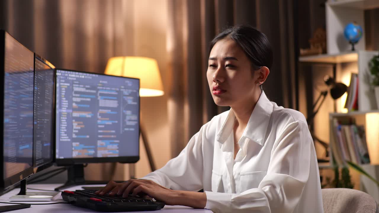 Asian Woman Programmer Yawning While Creating Innovative Software Engineer Developing App, Program, Video Game On Desktop Computer At Home. Terminal With Coding Language