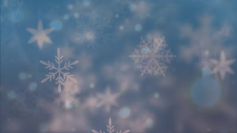 snowflakes and spots of light moving against blue background