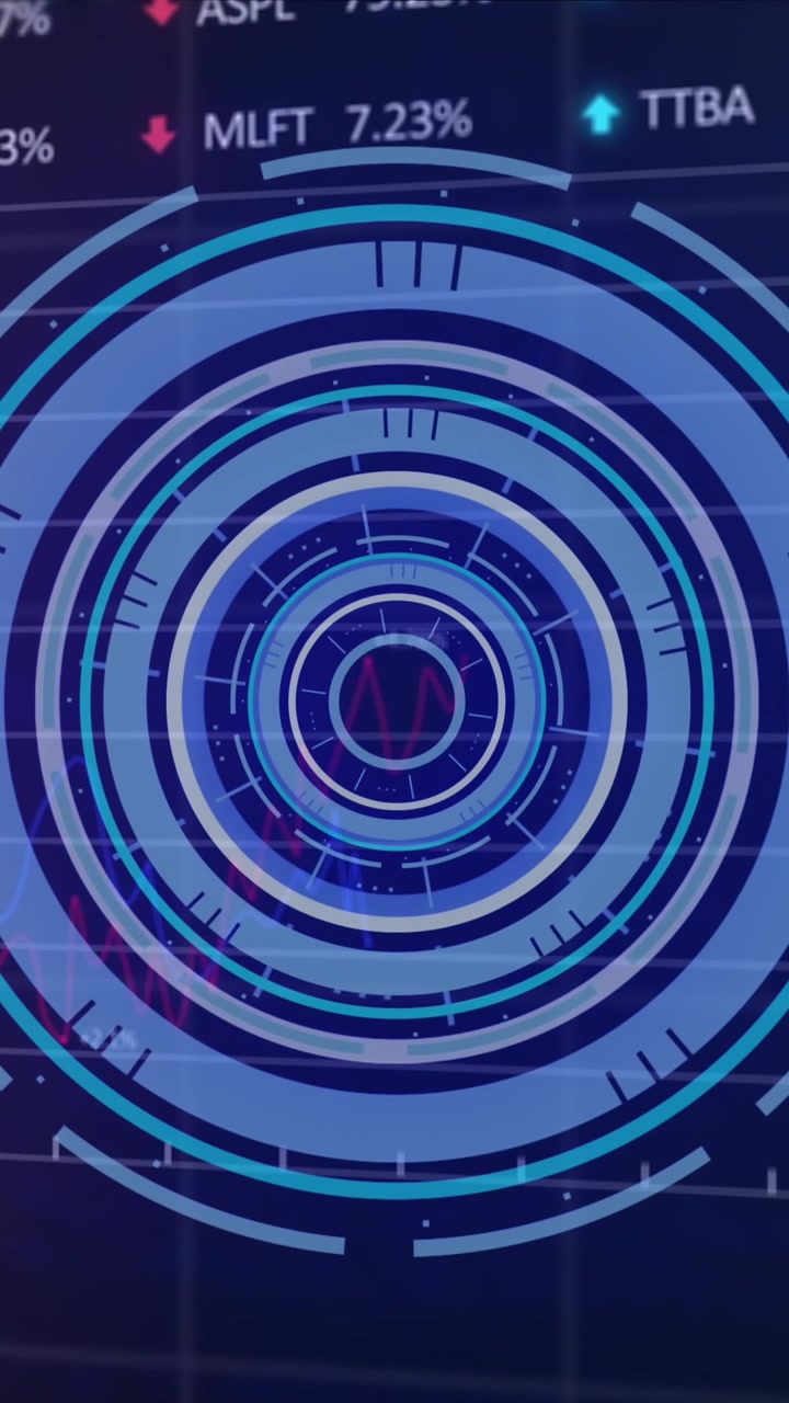 Display animato del mercato azionario con ticker colorati che mostra dati globali.