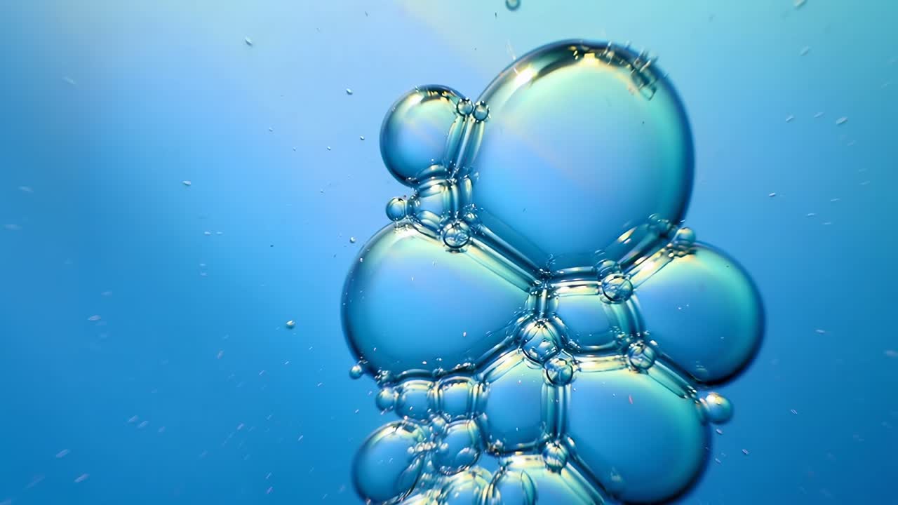 Video macro di bolle traslucide nell'acqua, ripreso da un angolo basso su uno sfondo blu, Live