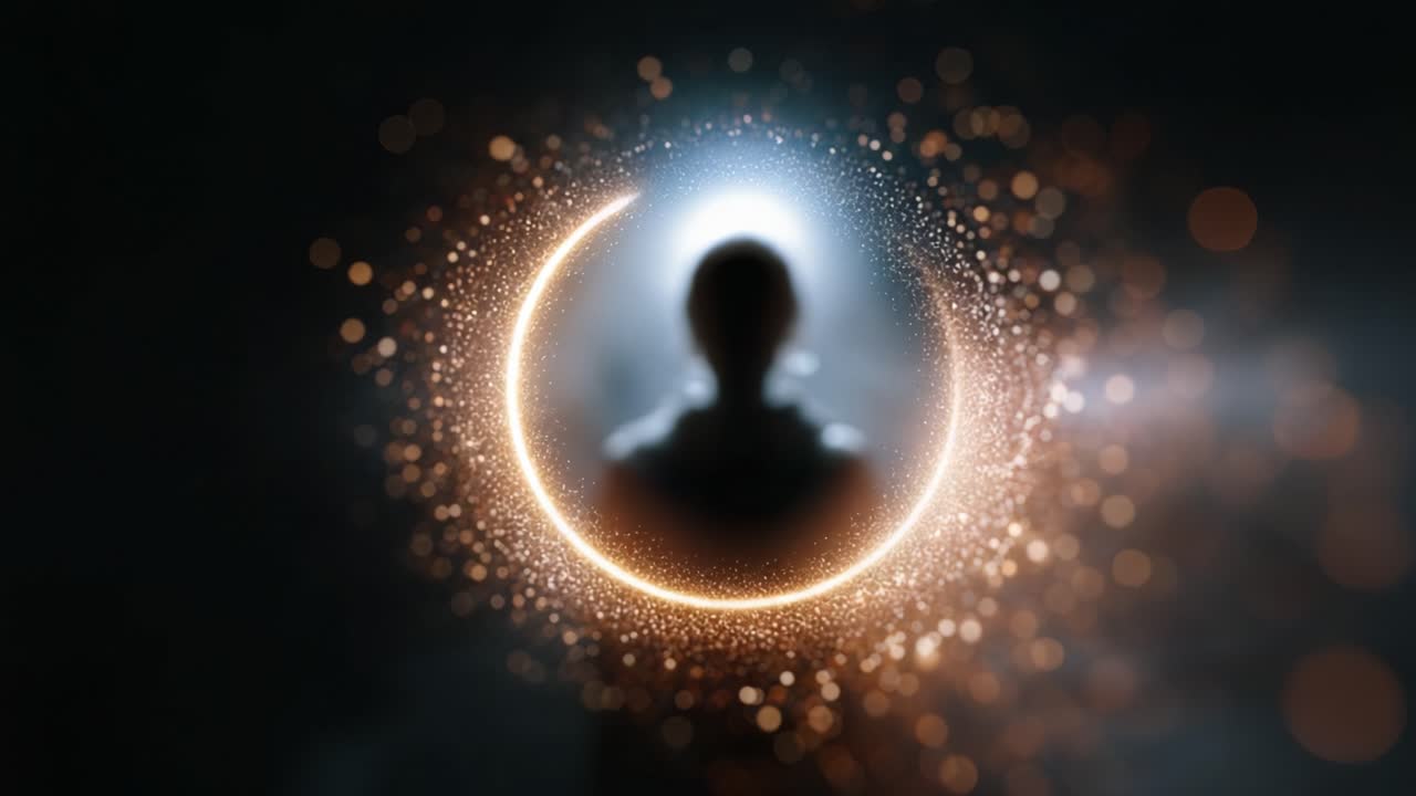 A mysterious figure emerges from a swirling vortex of lights and particles, creating an intriguing atmosphere of enigma and allure in a captivating visual experience