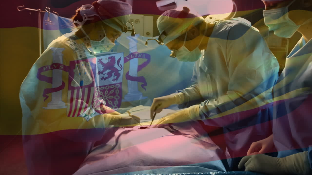 수술실에서 외과 의사 들 위 에 스페인 국기 가 흔들리는 애니메이션