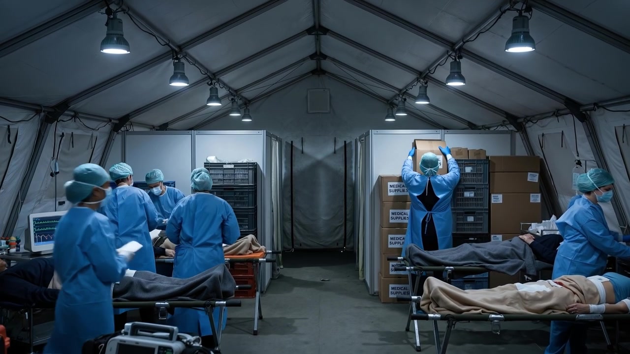 Personal médico prestando atención de emergencia a pacientes en una gran carpa de hospital de campaña improvisado por la noche.
