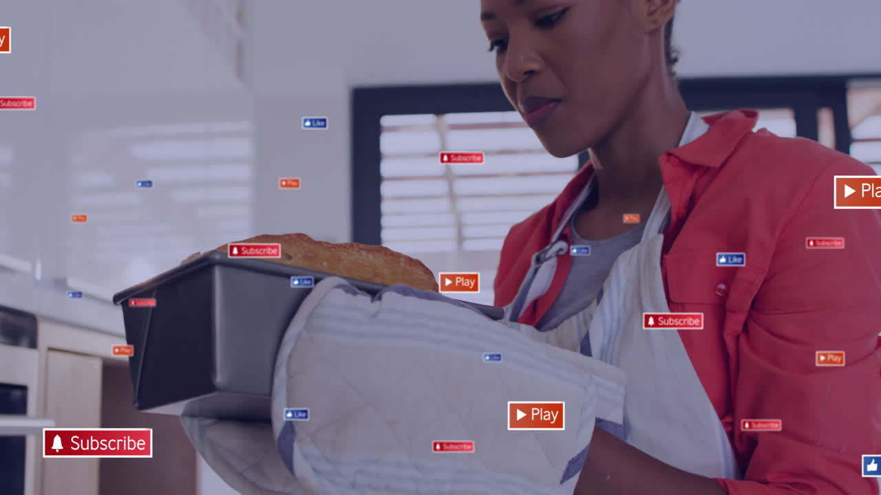 Donna che cuoce il pane, circondata da animazione di icone dei social media.