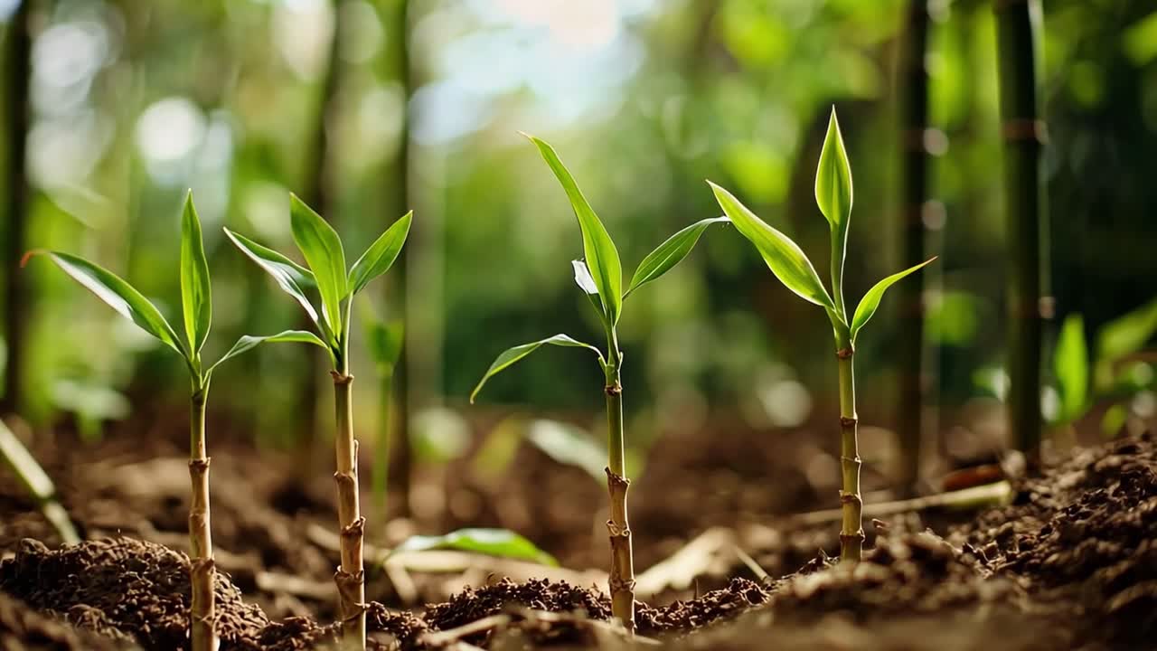 Young bamboo plants growing from the soil