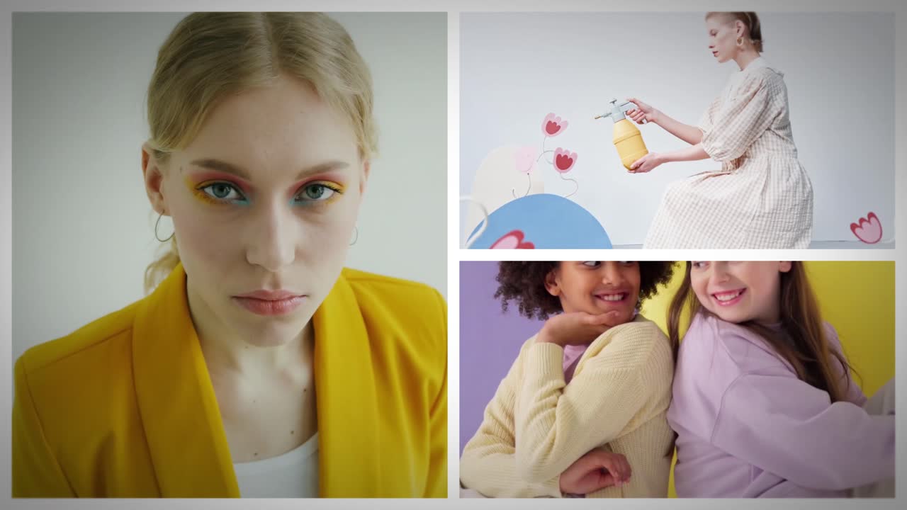 Dynamický módní úvod s dělenou obrazovkou a barevnými modely.