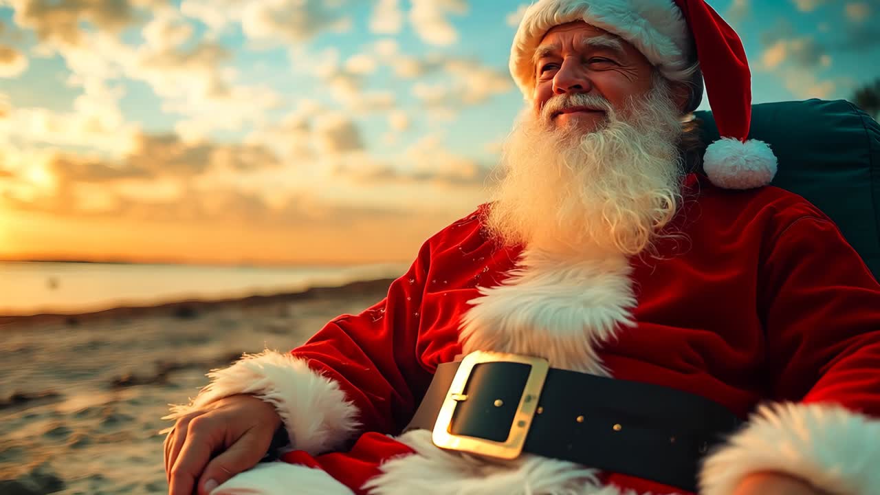 산타클로스로 옷을 입은 남자가 해변의 의자에 앉아 있다