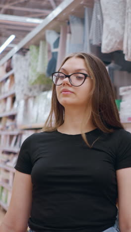 mujer compradora caminando por un gran centro comercial, navegando por los artículos en los estantes mientras mira a su alrededor, mujer elegante con camiseta negra y gafas explorando el espacio minorista con iluminación brillante y productos organizados