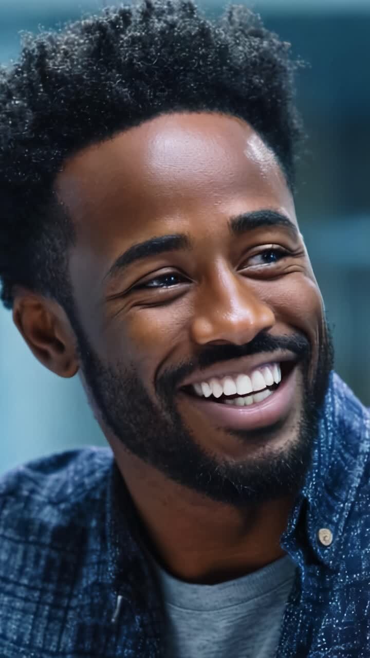 A charismatic man with a bright smile shares an engaging moment, showcasing emotions that convey warmth and connection in a vibrant, social atmosphere
