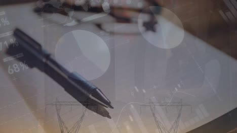 animación de la interfaz infográfica sobre la pluma en el libro, la torre de transmisión y el hombre mirando el reloj