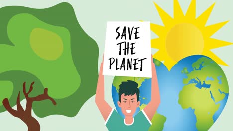 animation of man holding board with save the planet text over heart shaped earth and sun