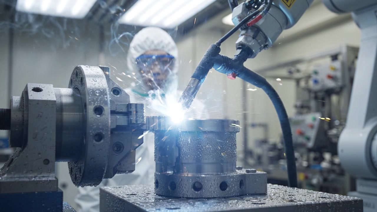 Ingénierie de précision : Opérateur et bras robotique effectuant un soudage métallique dans un environnement de salle blanche avec de la vapeur et des gouttelettes d'eau sur une pièce usinée et l'équipement.