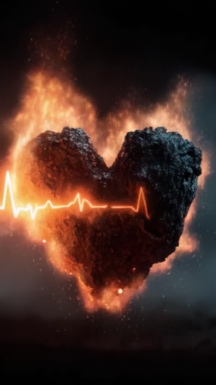 Un battito cardiaco infuocato: Una rappresentazione visivamente sorprendente di un cuore esplosivo in fiamme collegato a un impulso, che simboleggia emozione e passione