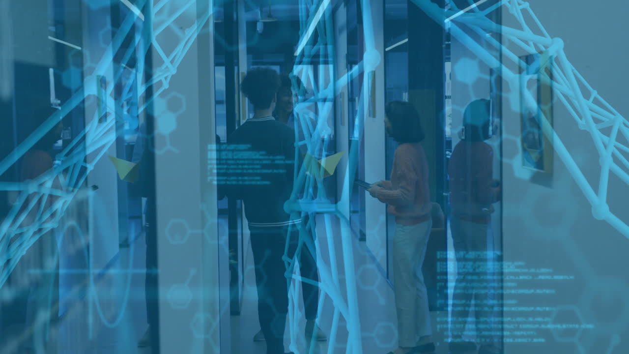 Three colleagues discussing tech in office hallway, showing animated molecular and DNA overlays