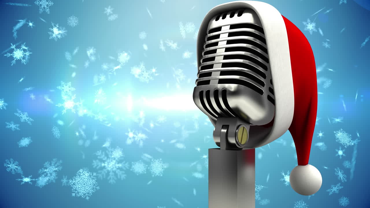 Animasjon av sukkerstenger, juletre med gaver og fallende snø over blå bakgrunn