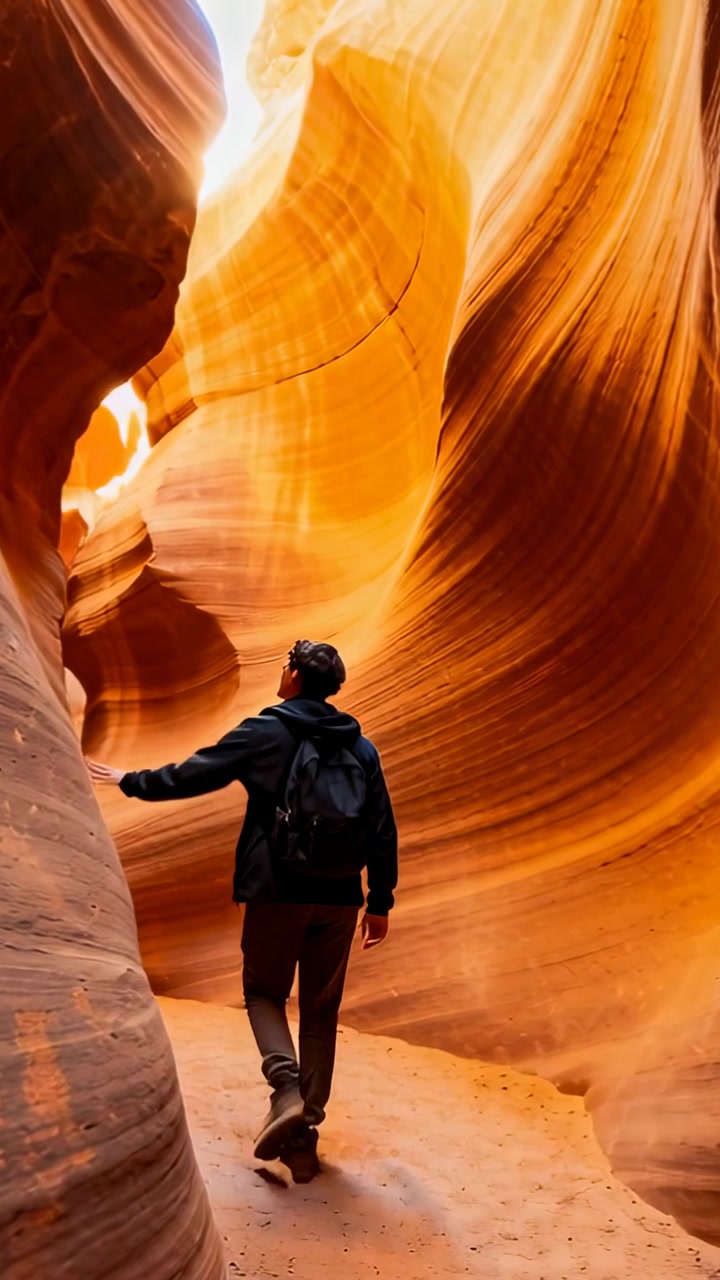 Vertical video: Entering slot canyon hiker with pack hoodie hiking touching left wall seeking light