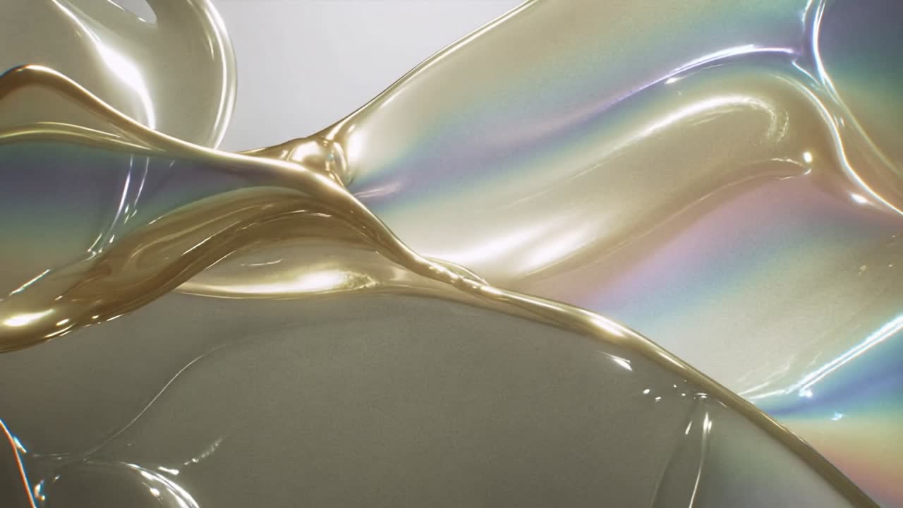 Iridescent gel ribbons stretching and folding after unseen pull, showing shifting gold prism sheens
