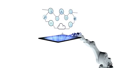 Digitally-generated-video-of-white-robotic-arm-holding-digital-tablet-with-cloud-computing-icon