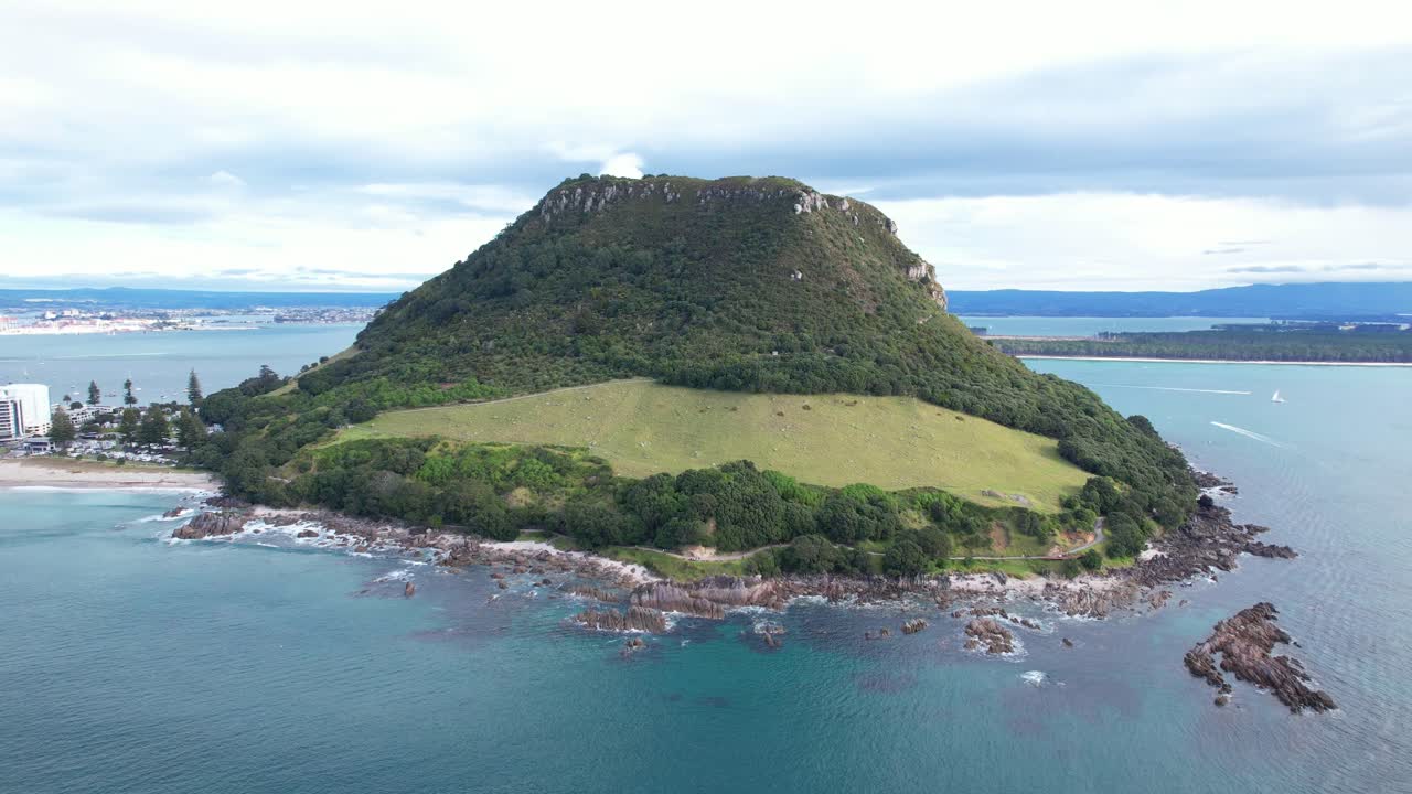 Aerial view of Mount Maunganui (Mauao) in New Zealand
