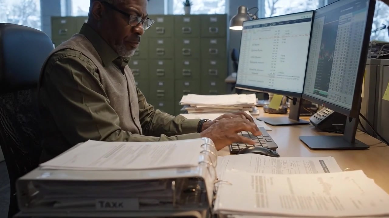Focused Office Worker Analyzing Financial Data Amidst Filing Cabinet and Snowy Windows in a Busy Workspace with Multiple Screens and Documents