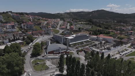 aerial tracking shot of perafita church with porto hills and dense urban sprawl in view
