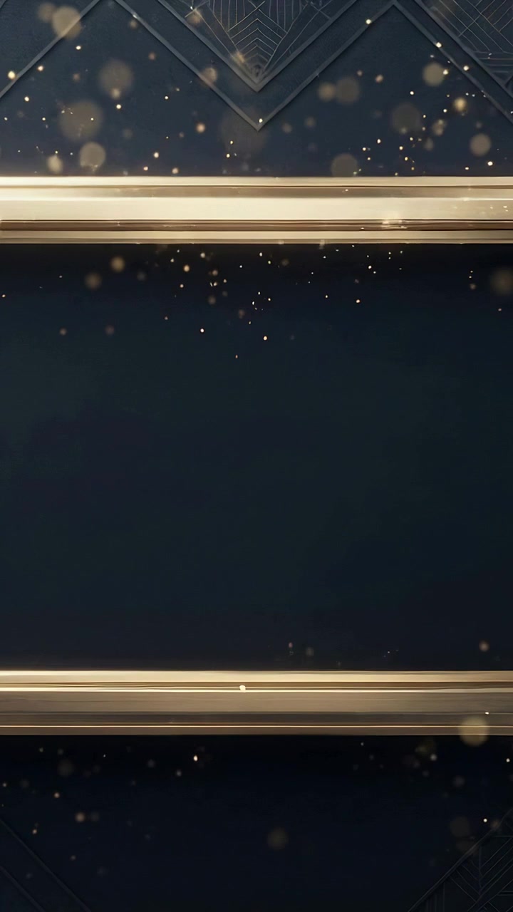 Video verticale: Bokeh dorato fluttuante che appare sopra la ringhiera superiore, spostandosi su un pannello blu navy per il titolo.