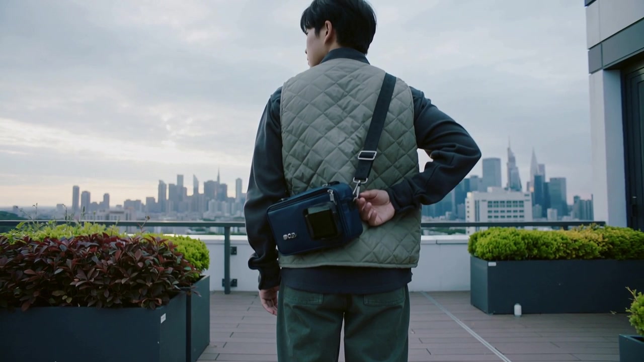 屋上で、スカイラインを背景に、キルティングベストを着たアジア人男性が、ちらりと視線を送りながらクロスボディバッグのストラップを調整している。