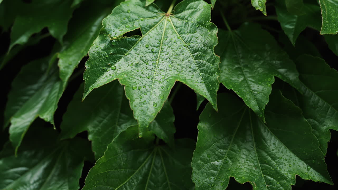 Raindrops covering fresh vibrant green leaves.