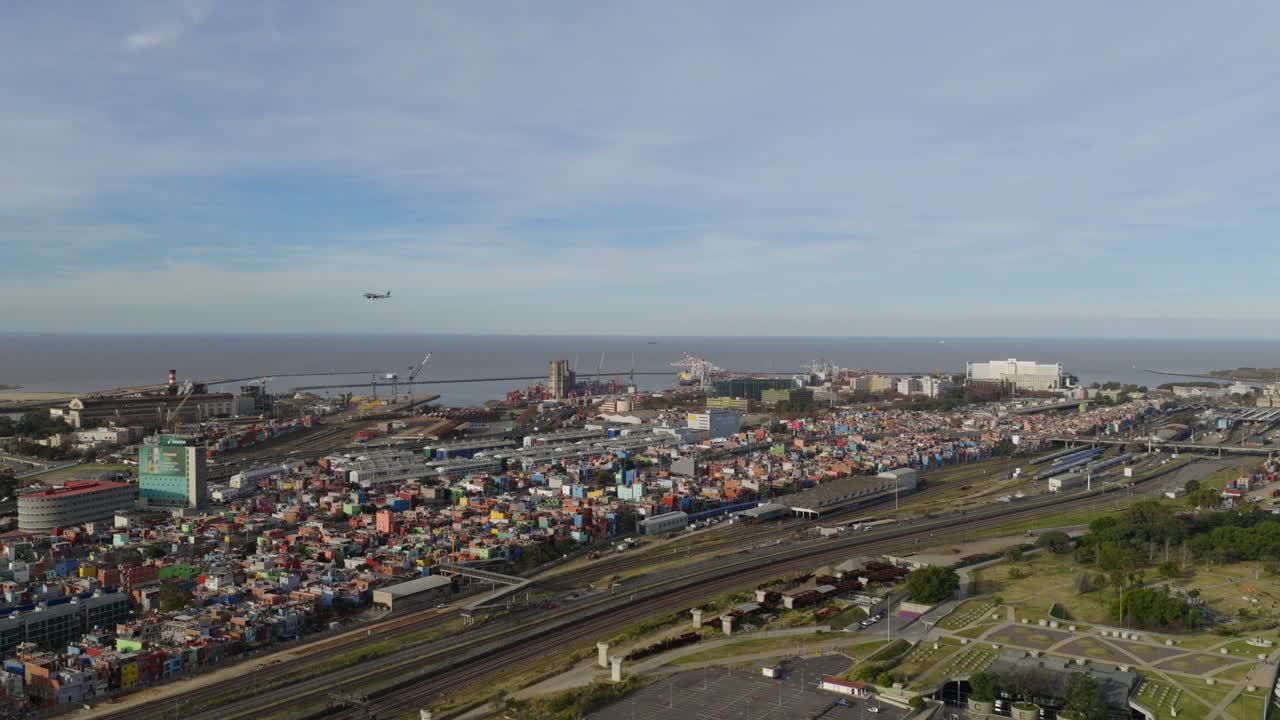 Aerial drone view of Villa 31 neighborhood with dense housing and urban landscape in Buenos Aires Argentina