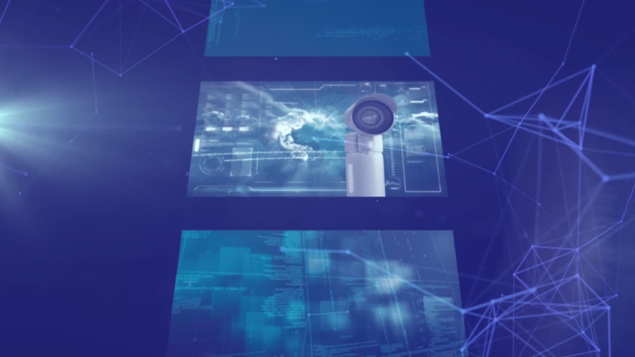 파란색 배경에 연결 네트워크와 데이터 처리의 애니메이션