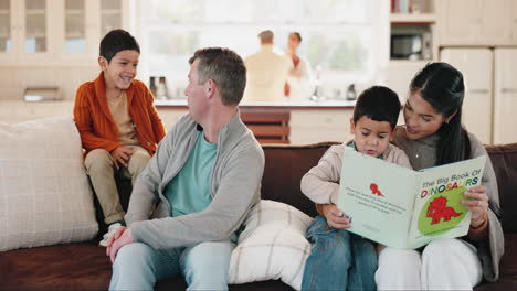 family, children and a mother reading to her son