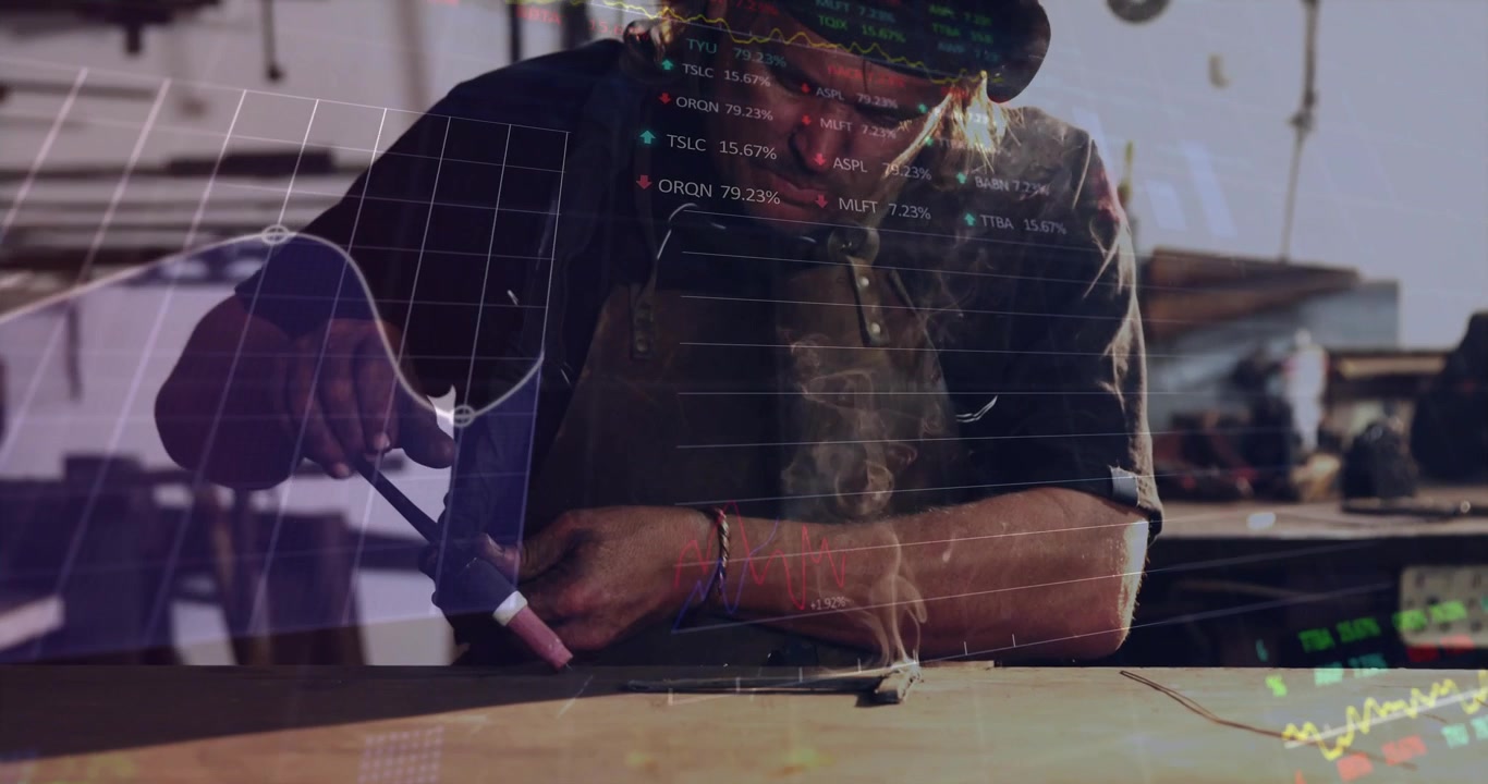 Metalworker applying torch along seam, making smoke, HUD overlays rising, annotating weld quality