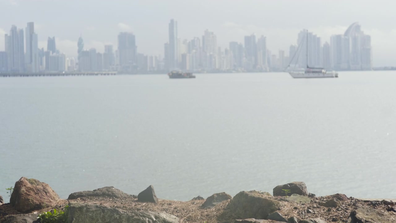 Foreground with natural rocks and low vegetation on the shore of calm waters, in the background immense silhouette of skyscrapers enveloped in soft mist, with sailboat and boat anchored