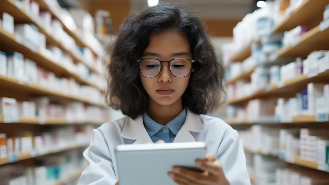 Pharmacist reading tablet in medicine aisle