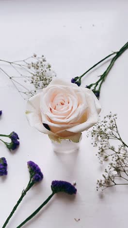 delicate pink rose and purple flowers