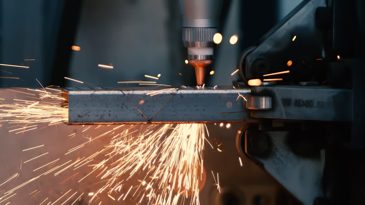 Taglio laser CNC del metallo, moderna tecnologia industriale per la realizzazione di dettagli industriali. Ripresa con telecamera super slow motion a 1000 fps