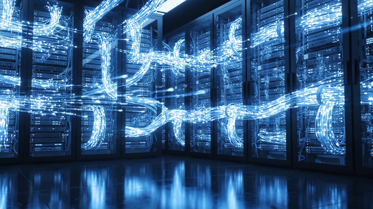 Illuminated Data Center: High-Tech Server Rack with Luminous Cables Creating a Futuristic Environment for Efficient Data Transmission and Processing