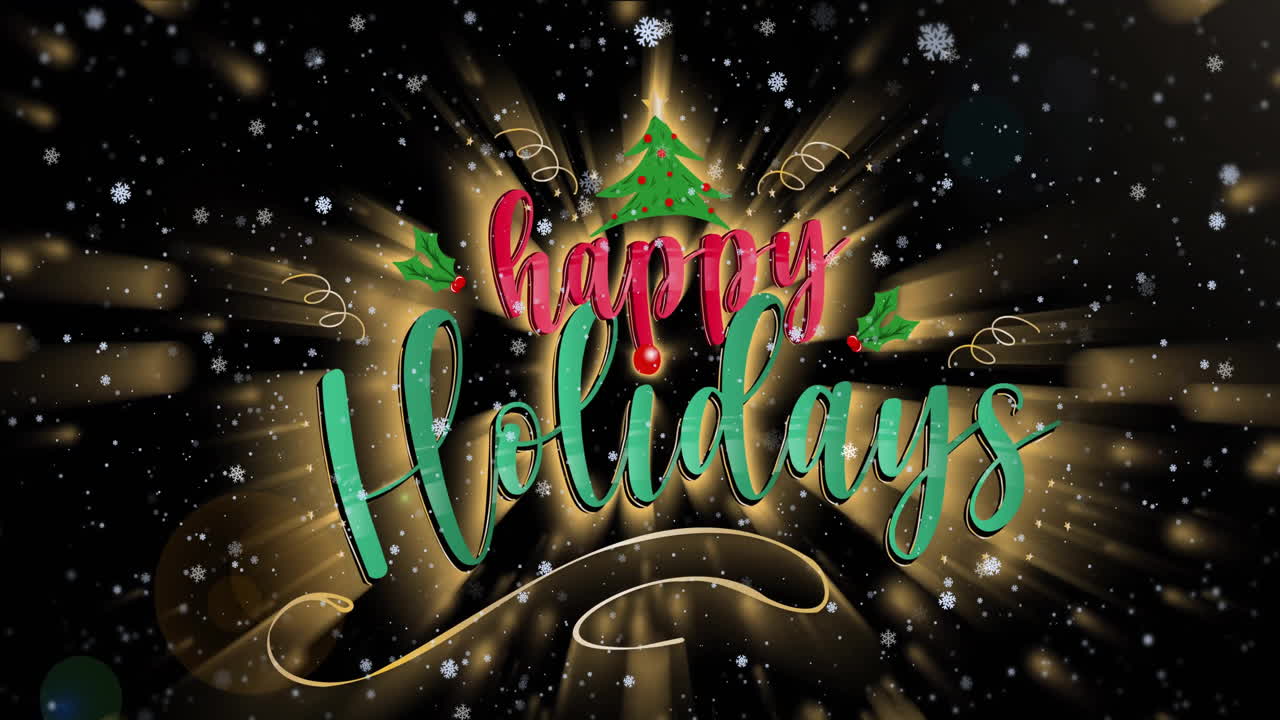 Happy Holidays text animation over festive Christmas tree and snowflakes background