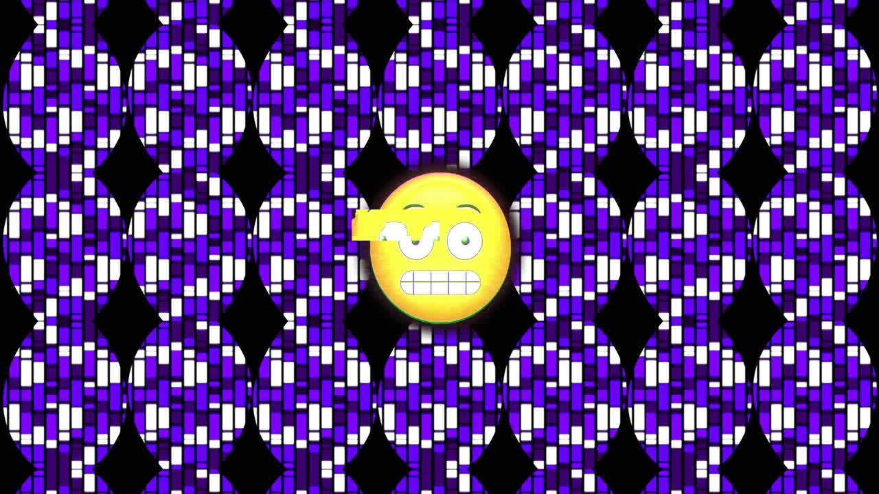 Animação de emoji sorridente sobre padrão geométrico roxo e branco