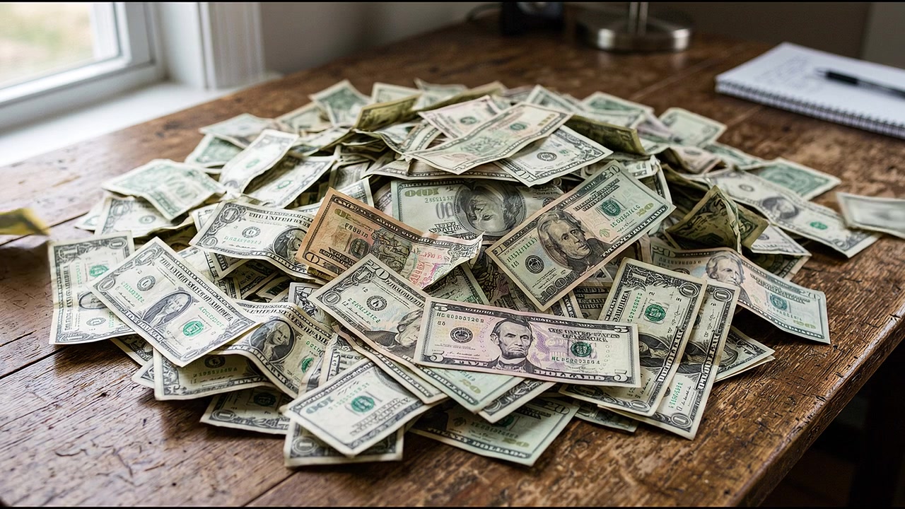 Pila di banconote da un dollaro su una superficie di legno che rappresenta i risparmi personali e la ricchezza accumulata