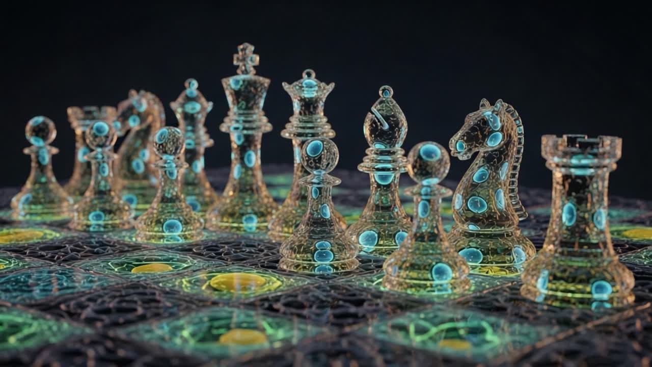 A Stunning Display of Illuminated Chess Pieces on a Futuristic Board, Showcasing Crystal Clarity and Vibrant Light Effects in a Strategic Game Setting