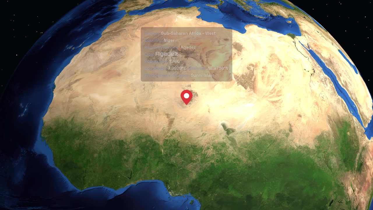 Un globo digitale ruota e ingrandisce su Agadez, Niger, mostrando un segnaposto di posizione e informazioni demografiche.