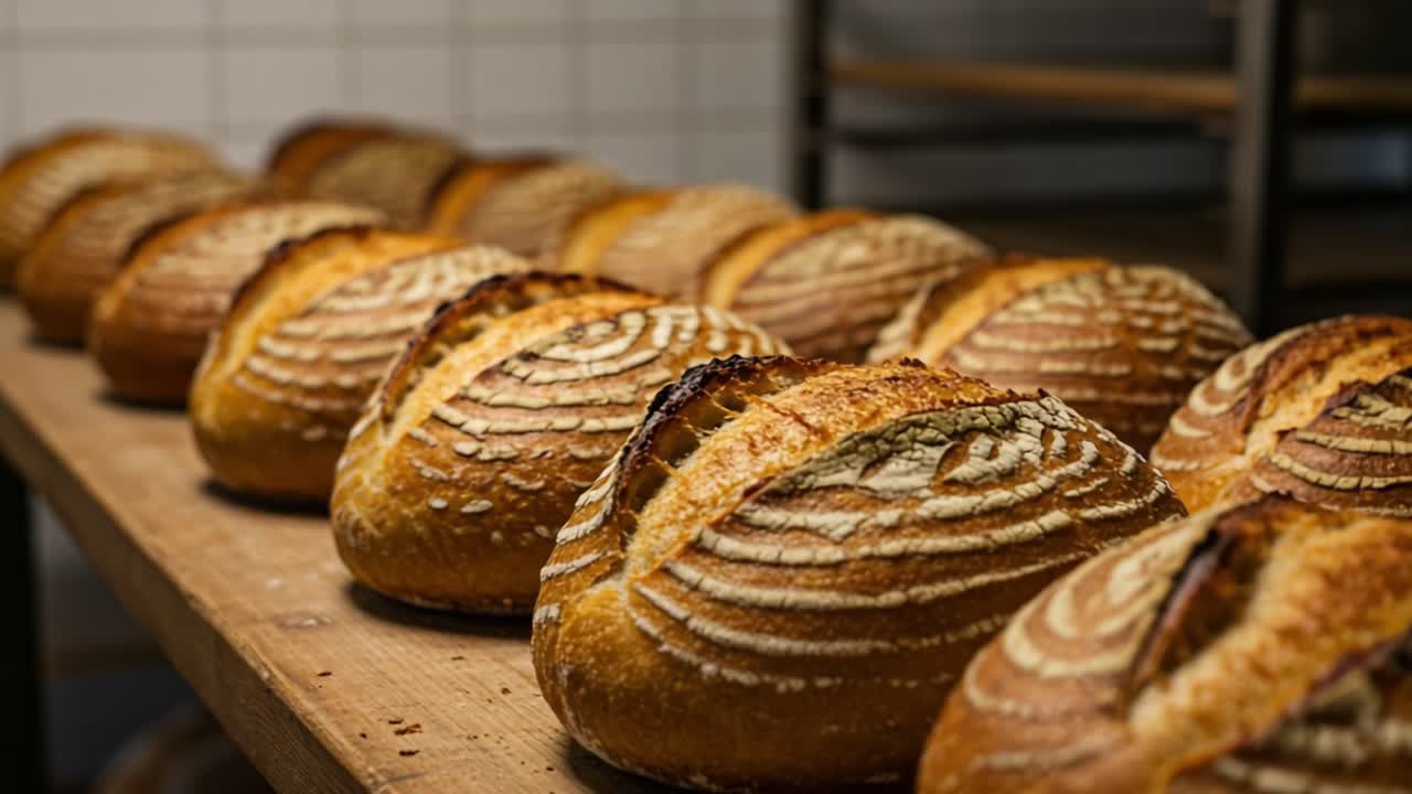 Freshly Baked Artisan Loaves: A Close-Up Look at Handcrafted Bread with Golden Crusts and Intricate Patterns, Capturing the Essence of Traditional Baking Skills