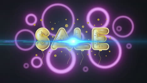 animación de texto de venta y círculos en fondo negro